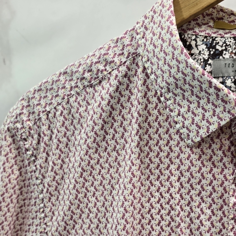 Ted Baker Shirt Mens XL 5 Floral Pink Yellow White Short Sleeve Button London